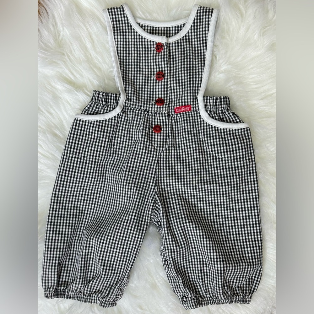 Vintage Oshkosh ladybug gingham overall romper black/white 3/6m baby infant Vtg